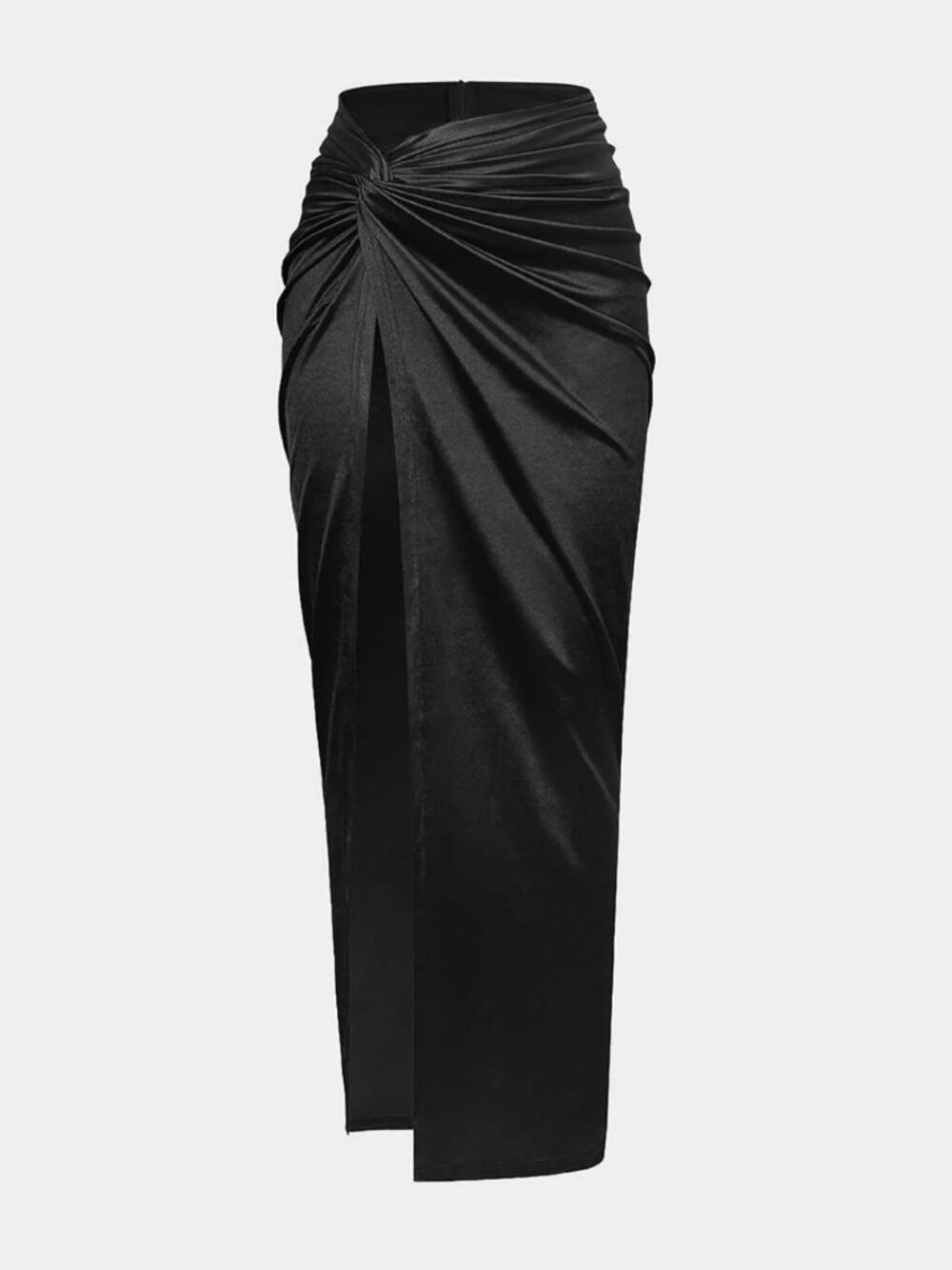 Micas Satin Twist Knot Skirt XL Black High Waist Slit Midi NWT